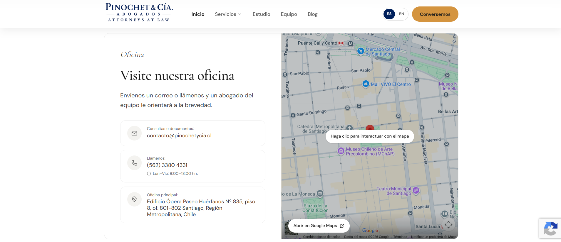 Pinochet & Cía. — Oficina en Santiago con mapa