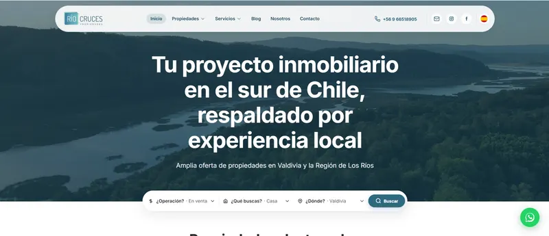 Río Cruces Propiedades — captura del sitio inmobiliario en Valdivia