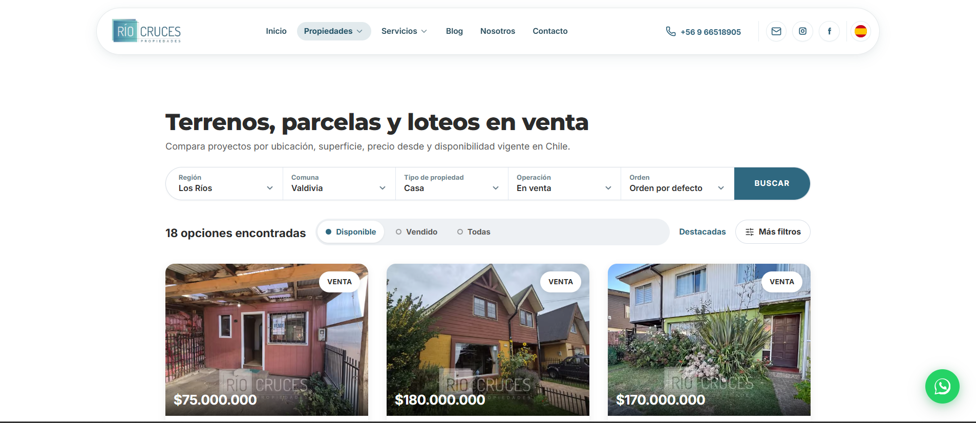 Río Cruces Propiedades — Catálogo con filtros por región, comuna y operación