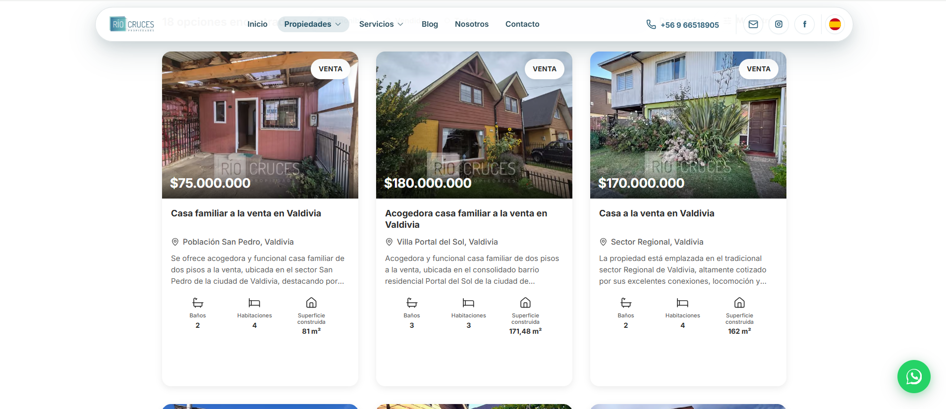 Río Cruces Propiedades — Resultados de búsqueda y fichas en grilla