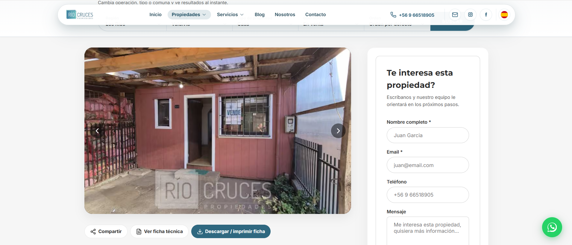 Río Cruces Propiedades — Detalle de propiedad y galería