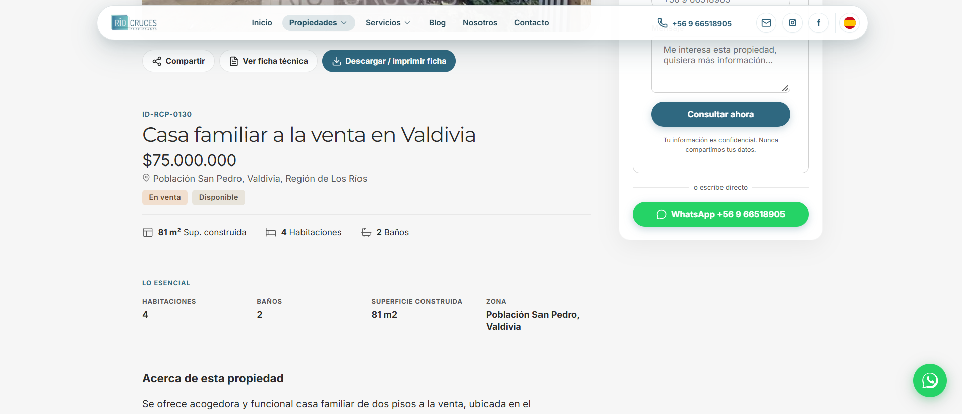 Río Cruces Propiedades — Ficha técnica con consulta y WhatsApp