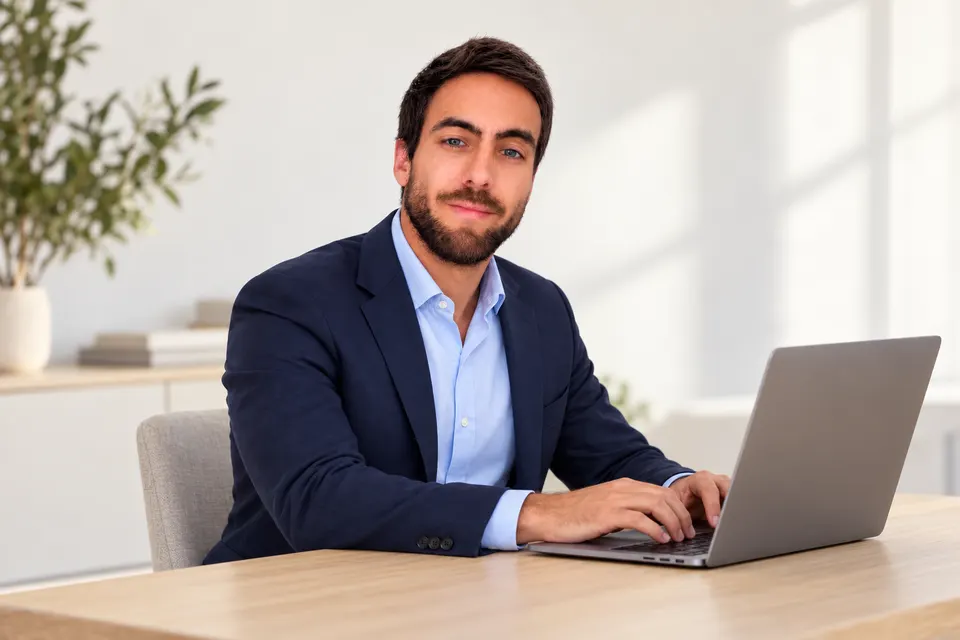 Retrato de Andrés Irigoyen frente a un computador, creado con asistencia de IA