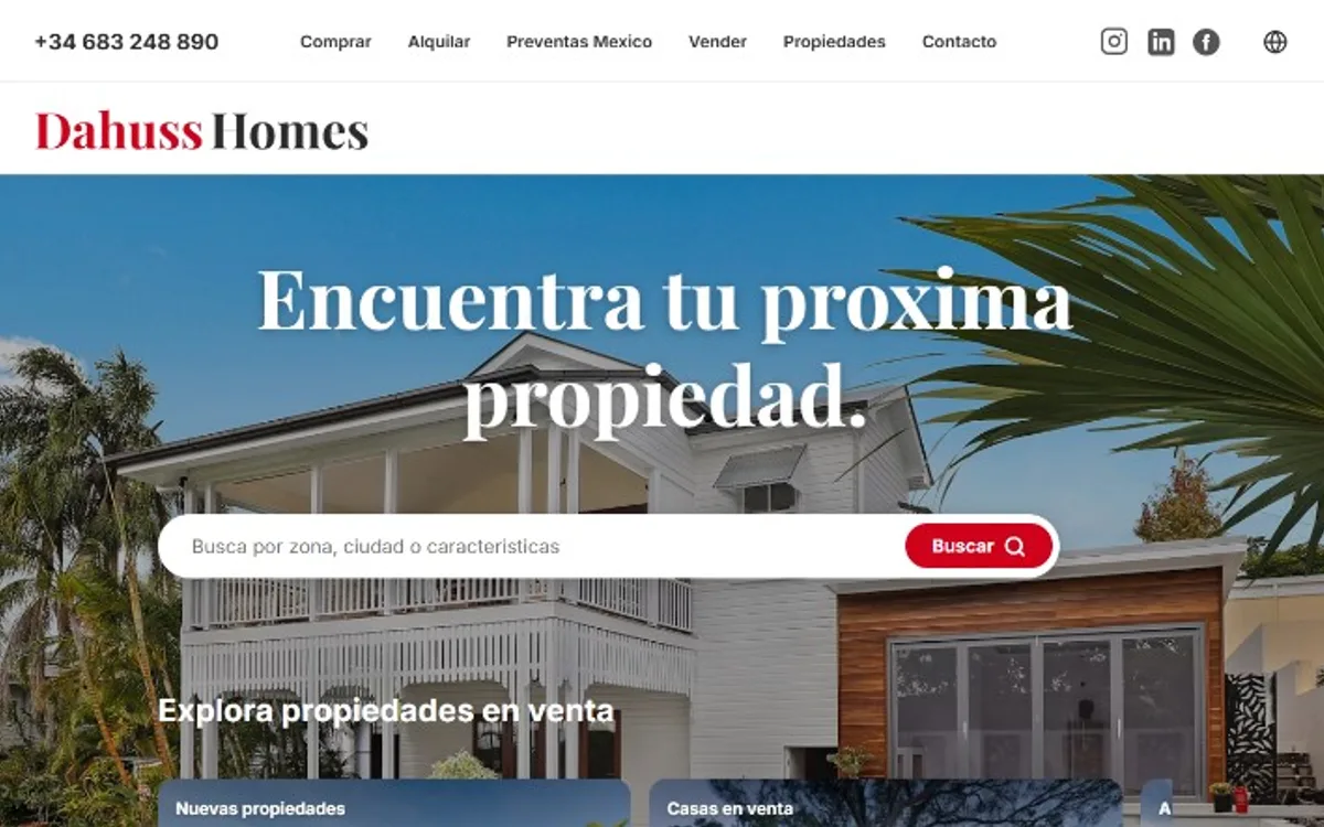Portada de Dahuss Homes con buscador de propiedades