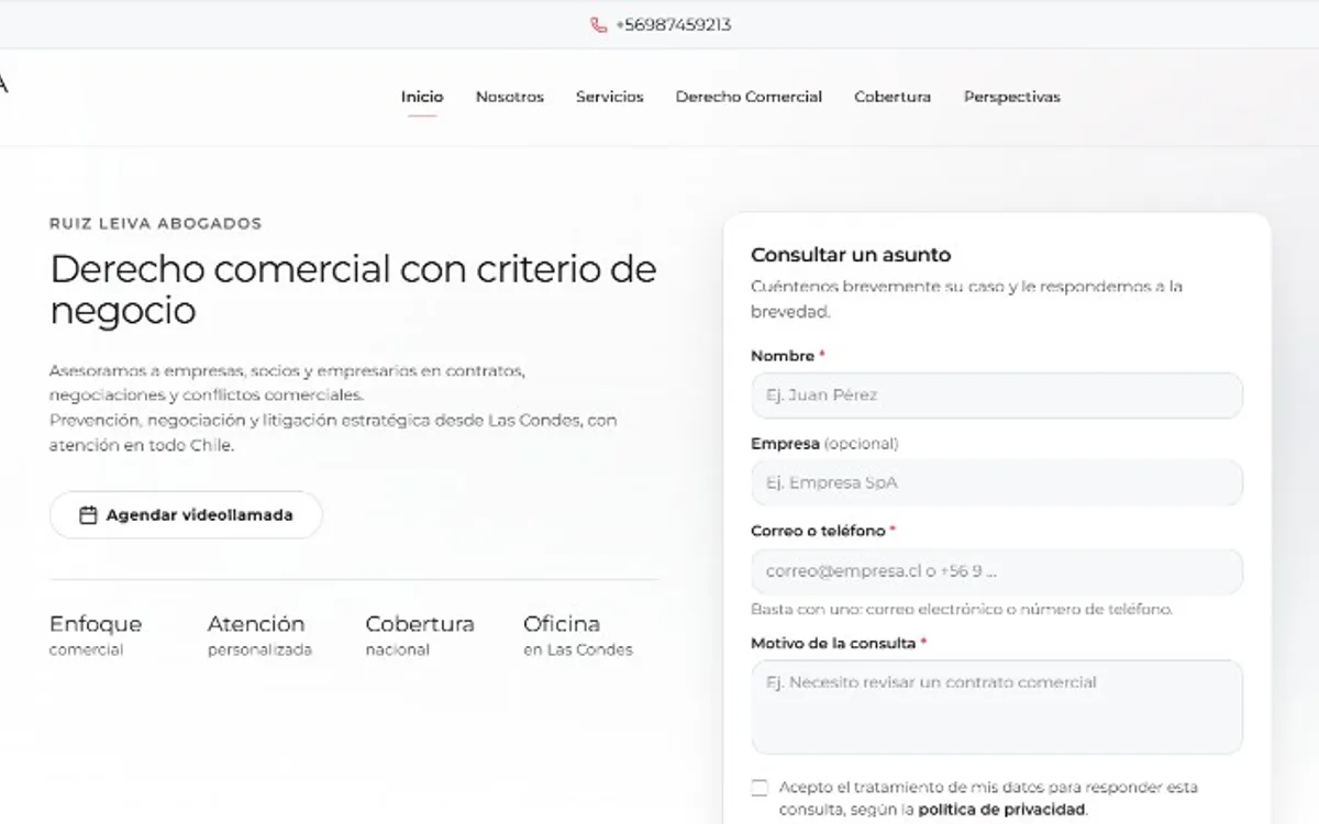 Portada de Ruiz Leiva Abogados: derecho comercial con formulario de consulta