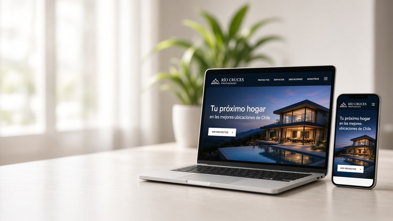 Mockup de landing page inmobiliaria en laptop y móvil: Río Cruces Propiedades.