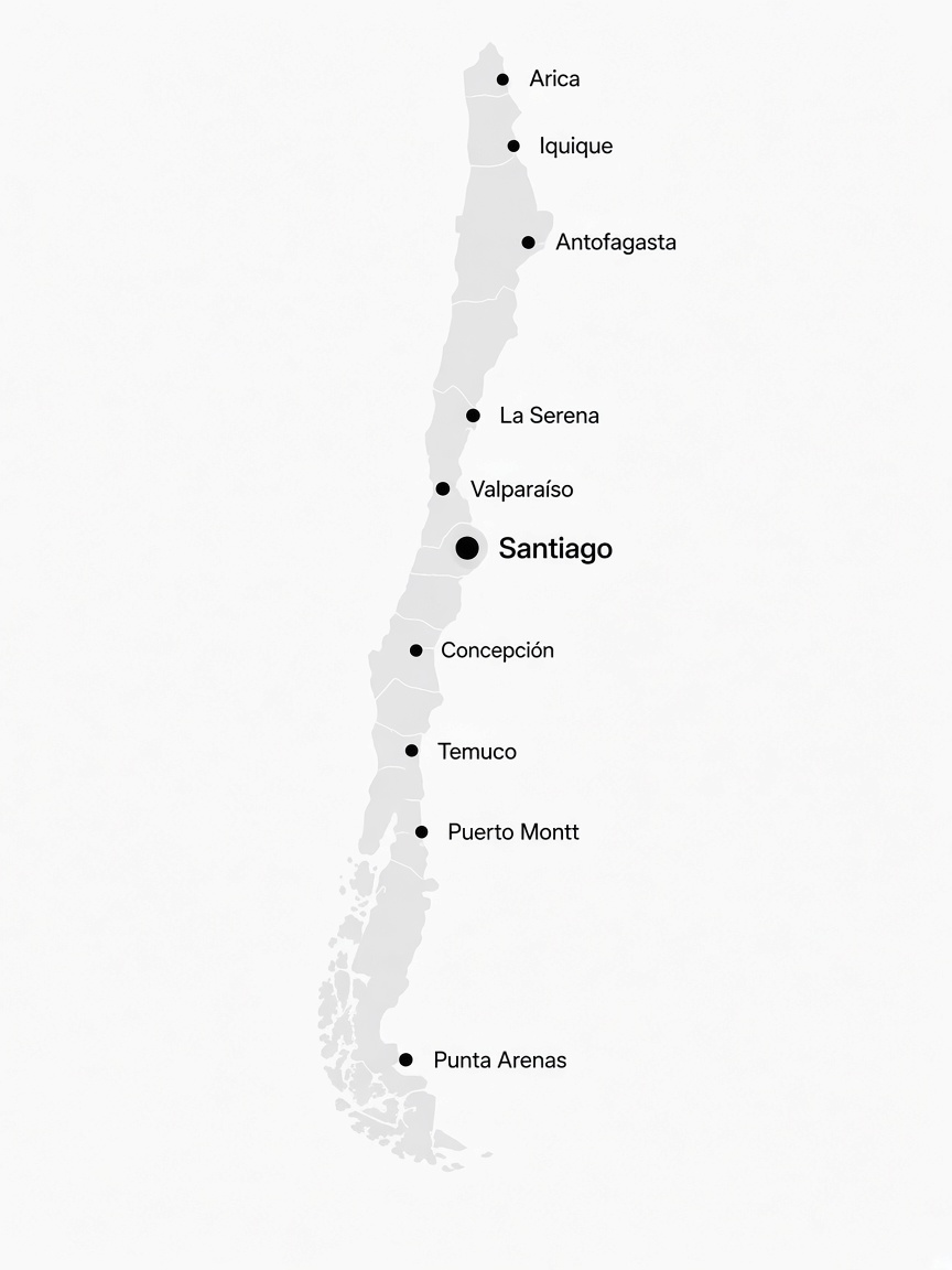 Mapa de Chile con Arica, Iquique, Antofagasta, La Serena, Valparaíso, Santiago, Concepción, Temuco, Puerto Montt y Punta Arenas.