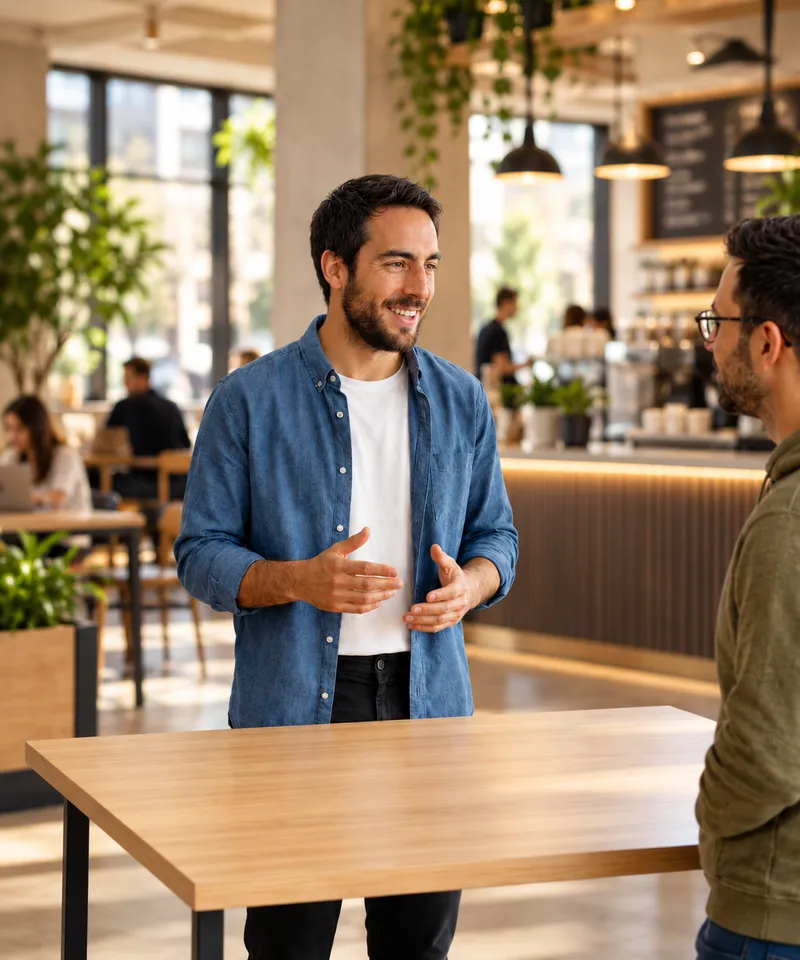 Andrés Irigoyen conversando con un cliente en una cafetería