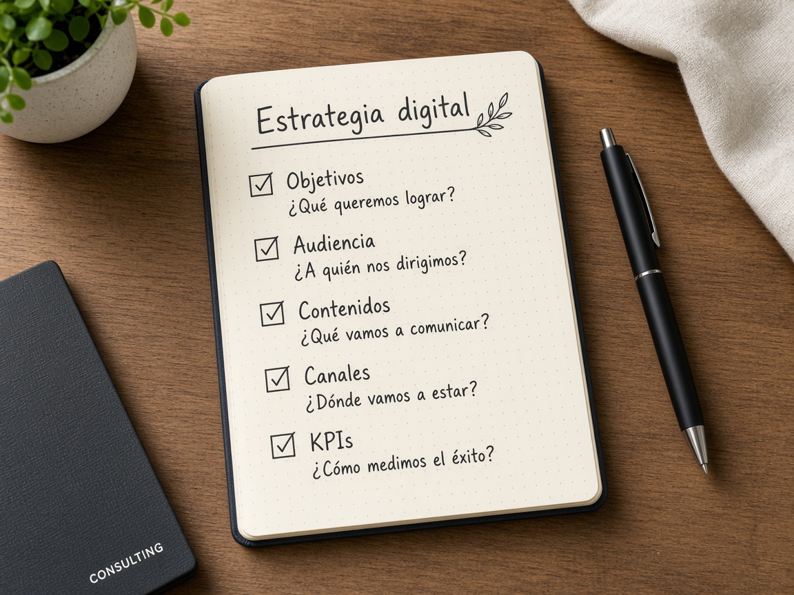 Cuaderno con checklist de estrategia digital.