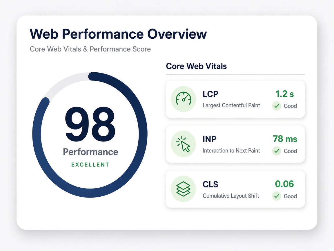 Gauge de Performance 98 y métricas Core Web Vitals.
