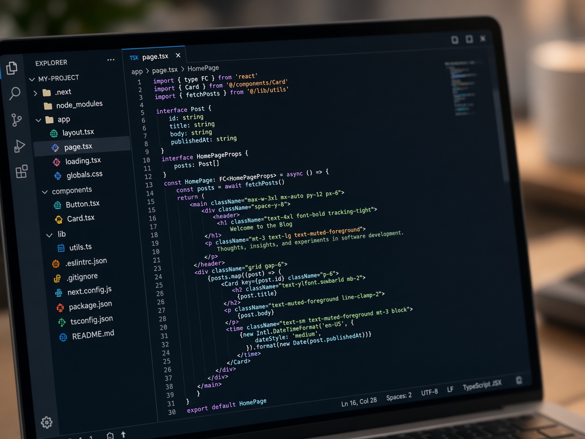 Pantalla con código Next.js y React para plataformas a medida.