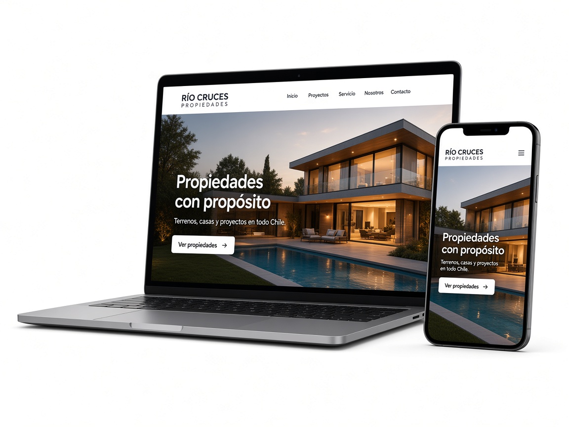 Mockup de sitio web inmobiliario en laptop y móvil: Río Cruces Propiedades.
