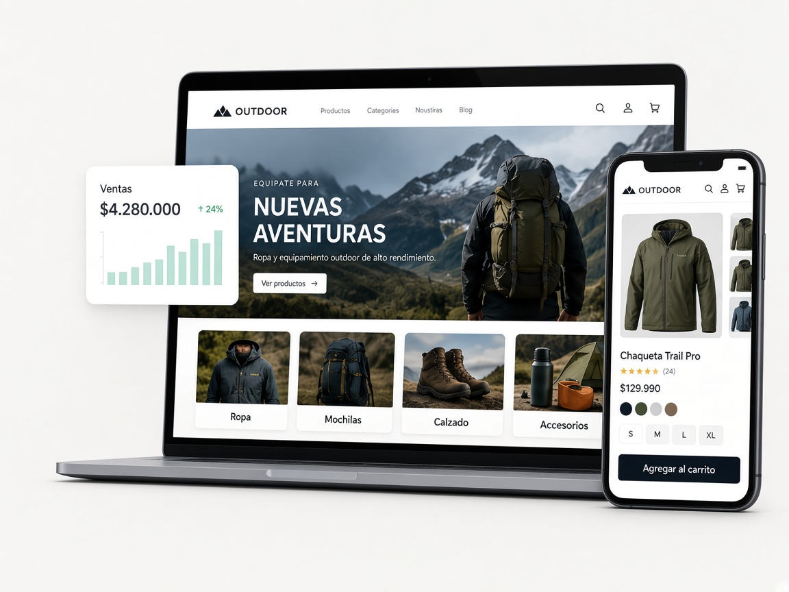 Mockup de tienda online en laptop y móvil: catálogo outdoor, ventas y ficha de producto.